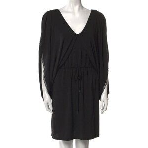 See by Chloé Tent Dress S Black Fringe Lace Trim Accent Plunge Neck Tie Waist